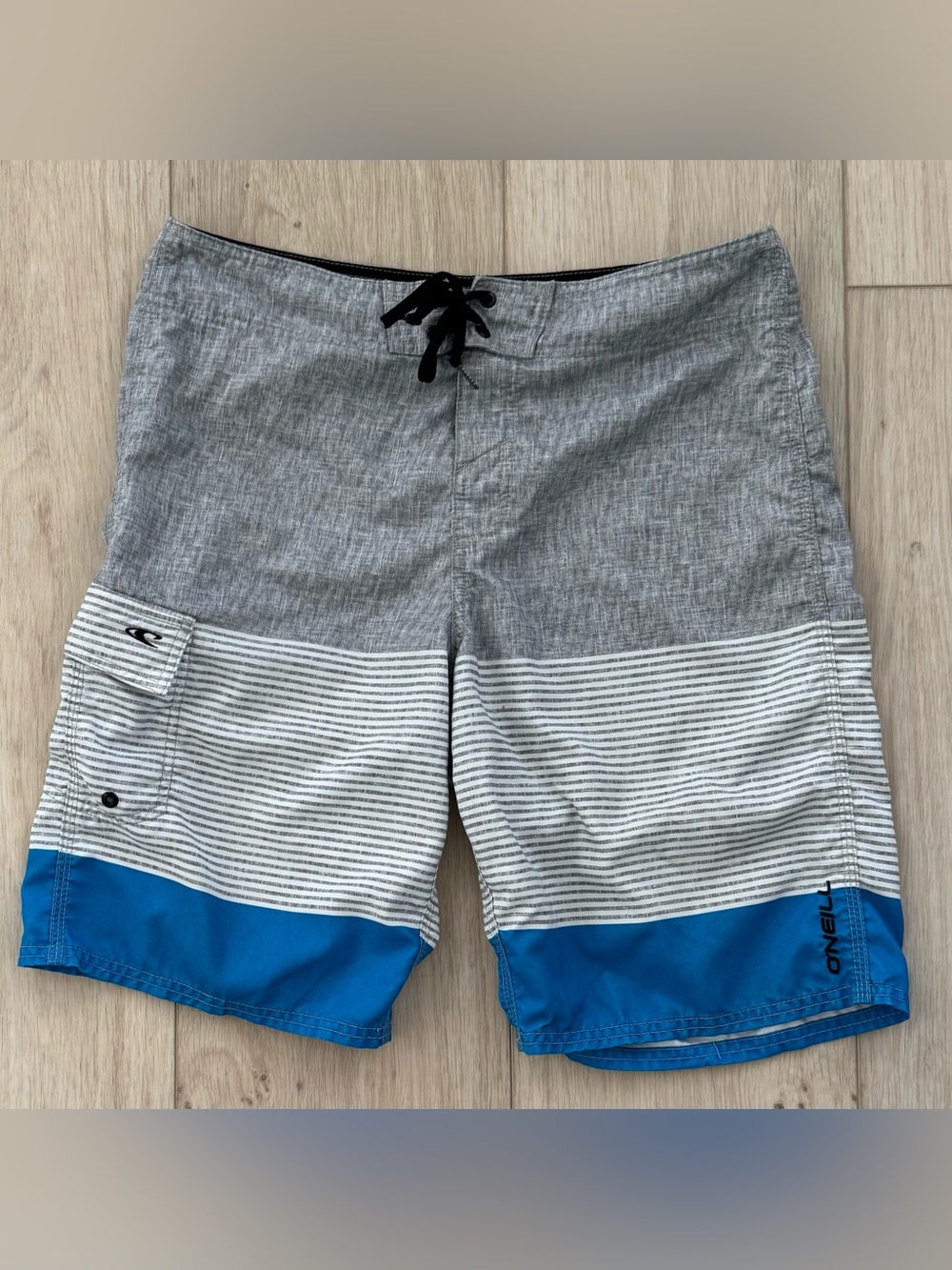 Mens O’Neill gray blue stripe board shorts surf swim trunks size 32 unlined